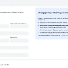 Formularz do uzupełnienia danych do Przesyłki OLX: data urodzenia, adres, numer telefonu i konta bankowego.