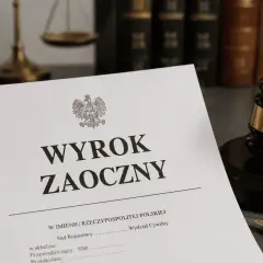 Dokument "Wyrok zaoczny" leży obok młotka sędziowskiego i wagi sprawiedliwości.