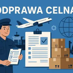 Celnik z dokumentami, samolot, statek, globus i paczki. Odprawa celna zakończona, co to znaczy? To pomyślne przejście towarów przez kontrolę.