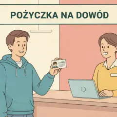 Młody mężczyzna pokazuje dowód osobisty, uśmiechnięty pracownik obsługi klienta siedzi przy biurku z laptopem. Szybka pożyczka na dowód.