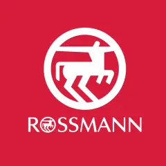 Logo Rossmann na czerwonym tle. Biały symbol konia w okręgu i napis "ROSSMANN". Informacja o możliwości zwrotów.