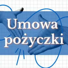 Dwie dłonie symbolizują umowę pożyczki. Grafika w niebieskich barwach z białym tekstem.