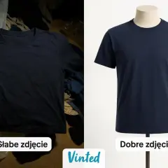 Porównanie zdjęć koszulki: słabe zdjęcie w tle, dobre zdjęcie na manekinie. Algorytm Vinted doceni lepszą prezentację.