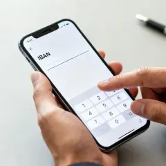 Dłoń wpisuje numer IBAN na ekranie telefonu. Może to być związane z problemem z płatnością na Vinted, gdy iban vinted nie działa.
