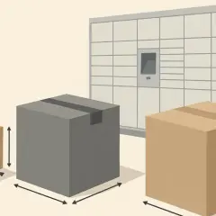 Trzy paczki o różnych wymiarach stoją przed automatem paczkowym. Strzałki wskazują ich szerokość i wysokość.