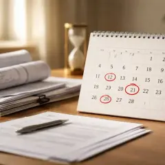 Kalendarz z zaznaczonymi datami 12, 21, 26. Czy to 14 dni na zwrot pieniędzy roboczych czy kalendarzowych? Obok dokumenty i klepsydra.