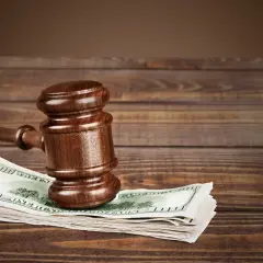Młotek sędziowski na stosie banknotów dolarowych. Symbolizuje trudną sytuację, gdy zastanawiasz się, jak odzyskać dług od znajomego.