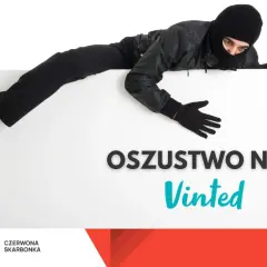 Złodziej w masce na białym tle, tekst "Oszustwo na Vinted". Uważaj na oszustów, by nie mieć zablokowane konto na Vinted na stałe.