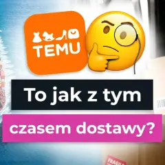Temu logo, zastanawiający emoji, statek z kontenerami i kurier z paczką. Jak długo trwa odprawa celna paczki z Chin?