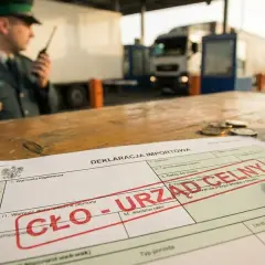 Na stole leży deklaracja celna z pieczątką "CŁO - URZĄD CELNY". W tle celnik z radiotelefonem i ciężarówka.