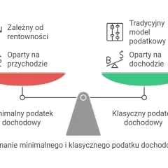 Waga porównuje minimalny podatek dochodowy (zależny od rentowności, oparty na przychodzie) z klasycznym modelem podatkowym (opartym na dochodzie).