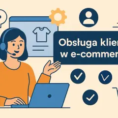 Obsługa klienta w e-commerce: konsultantka z zestawem słuchawkowym przy laptopie, ikony czatu, koszyka i zaznaczeń.