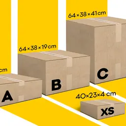 Paczkomat wymiary: pudełka A (64x38x8 cm), B (64x38x19 cm), C (64x38x41 cm) i XS (40x23x4 cm).