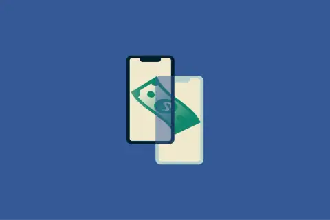 Dwa telefony komórkowe, jeden na drugim, z zielonym banknotem i symbolem dolara. Czy PayPal jest bezpieczny?