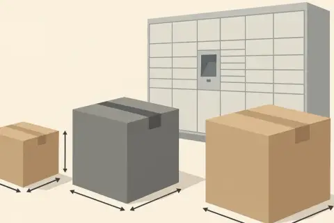 Trzy paczki o różnych wymiarach stoją przed automatem paczkowym. Strzałki wskazują ich szerokość i wysokość.