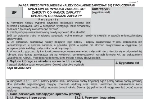 Wzór sprzeciwu od nakazu zapłaty w postępowaniu upominawczym. Dokument zawiera pouczenia dotyczące wypełniania i składania sprzeciwu.