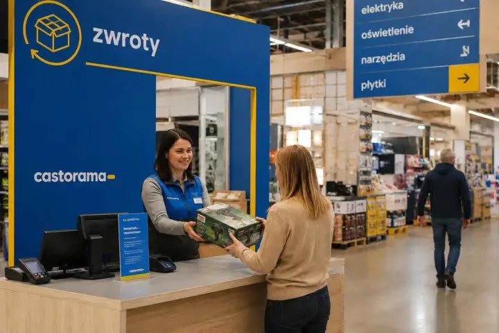 Klientka dokonuje zwrotów w Castoramie, podając pracownicy sklepowej pudełko z produktem.