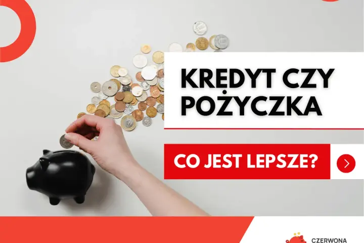 Ręka wrzuca monetę do świnki-skarbonki, obok rozsypane monety. Tekst: "Kredyt czy pożyczka? Co jest lepsze?". Rozważasz rodzinne pożyczki?