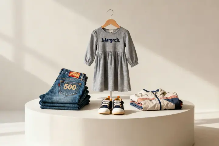 Stosik jeansów Levi's, sukienka z napisem "Margrck", trampki i kurtka – idealne rzeczy, co można sprzedawać na Vinted.