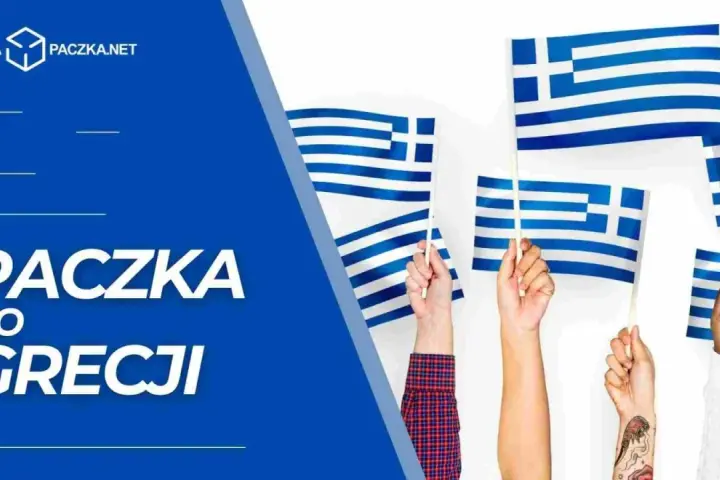 Ręce trzymające greckie flagi. Napis "PACZKA DO GRECJI" sugeruje wysyłkę.