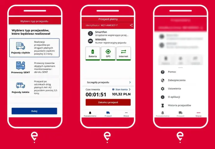 Aplikacja do obsługi etoll a2. Wybierz typ pojazdu: ciężki, SENT lub lekki. Zobacz szczegóły przejazdu i stan konta.