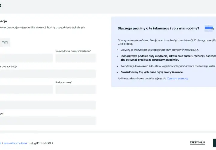 Formularz do uzupełnienia danych do Przesyłki OLX: data urodzenia, adres, numer telefonu i konta bankowego.