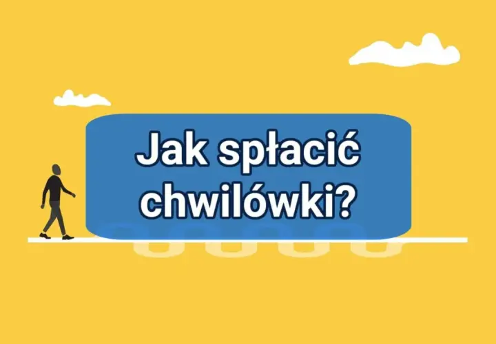 Człowiek idzie w stronę niebieskiego prostokąta z napisem "Jak spłacić chwilówki?".
