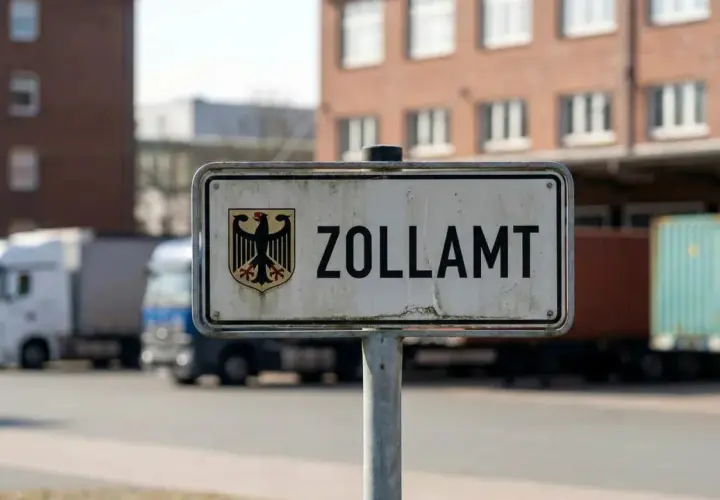 Tablica "ZOLLAMT" z godłem Niemiec przed budynkiem i ciężarówkami. Tu sprawdzany jest cło.