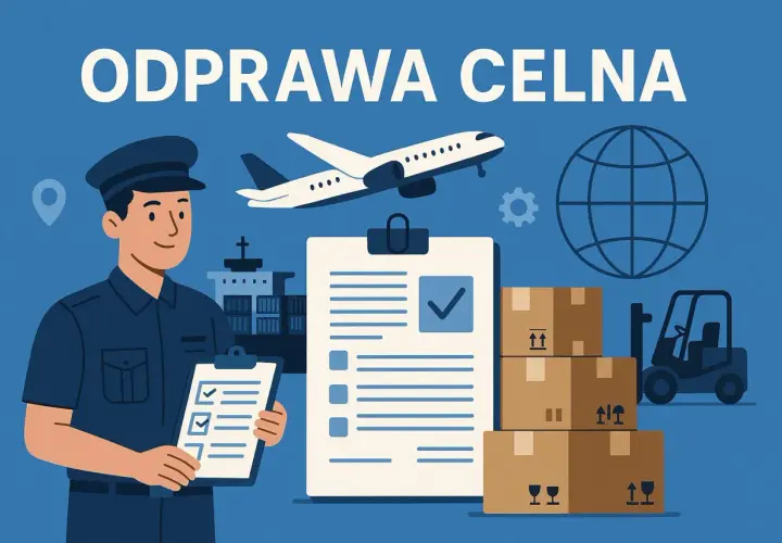Celnik z dokumentami, samolot, statek, globus i paczki. Odprawa celna zakończona, co to znaczy? To pomyślne przejście towarów przez kontrolę.