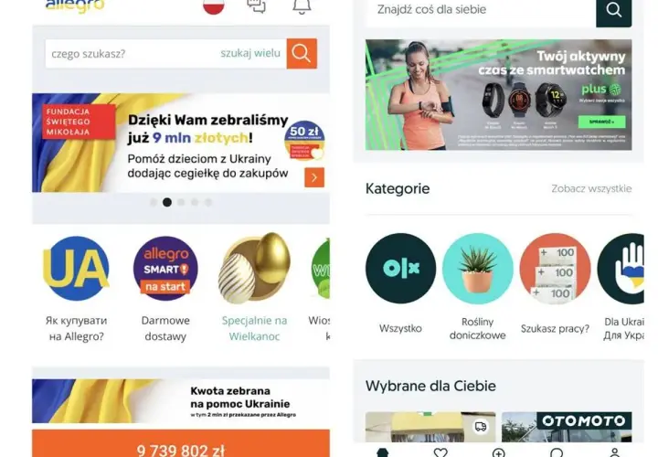 Porównanie ofert na Vinted czy OLX? Aplikacja Allegro pokazuje kategorie, promocje i zbiórki.