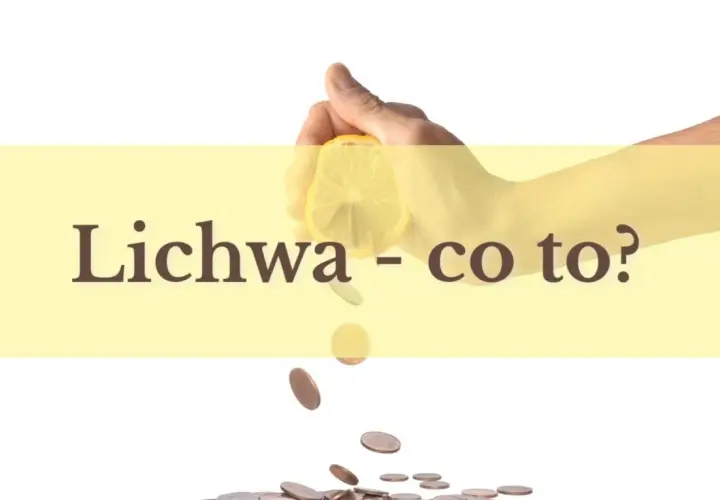 Dłoń wyciska cytrynę, z której spadają monety. Napis: "Lichwa - co to?".