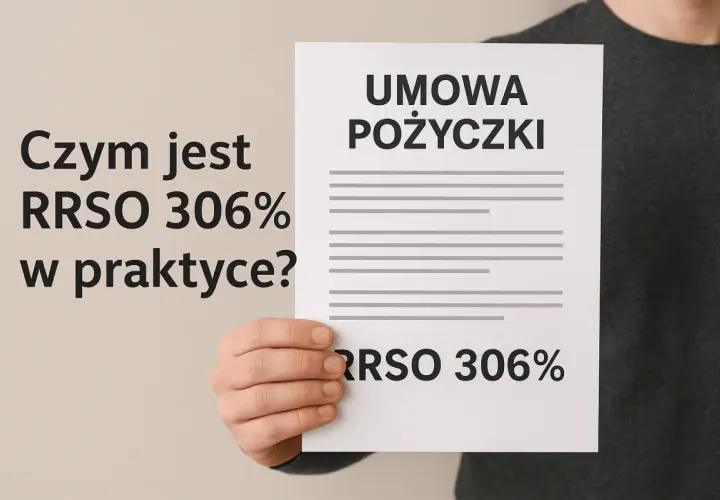 Ręka trzyma dokument z napisem "Umowa pożyczki" i "RRSO 306%". Tekst obok pyta "Czym jest RRSO 306% w praktyce?". Szukasz mało znane chwilówki ale pewne?