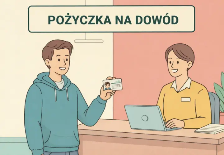 Młody mężczyzna pokazuje dowód osobisty, uśmiechnięty pracownik obsługi klienta siedzi przy biurku z laptopem. Szybka pożyczka na dowód.