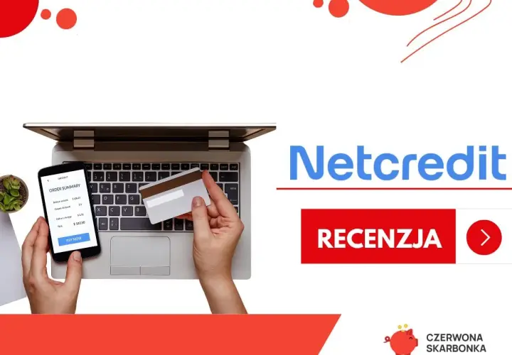 Ręce trzymają kartę i telefon z podsumowaniem zamówienia. Logo Netcredit i przycisk "Recenzja" sugerują szybkie zakupy online.