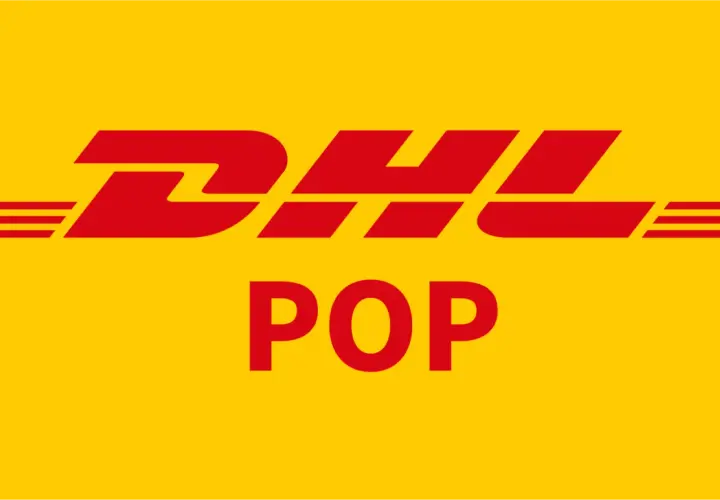Logo DHL z napisem POP. Szybka dostawa z DHL pobranie.