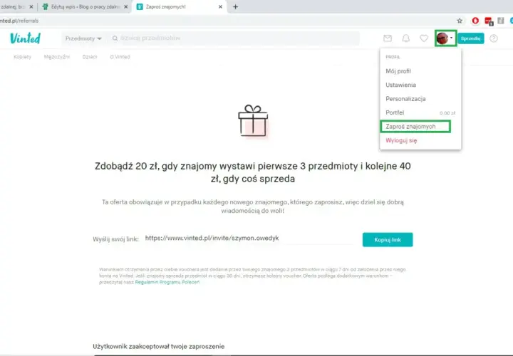 Zaproś znajomych na Vinted i zdobądź 20 zł za każde zaproszenie. Skorzystaj z opcji "Zaproś znajomych" dla darmowej dostawy!