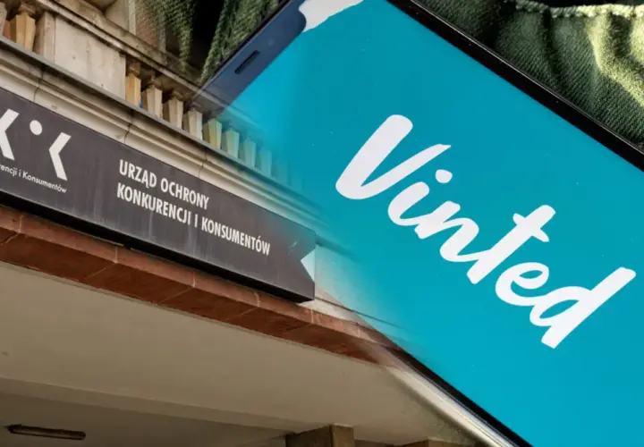 Tablica Urzędu Ochrony Konkurencji i Konsumentów obok ekranu telefonu z logo Vinted. Zapewnia to ochronę kupujących Vinted.
