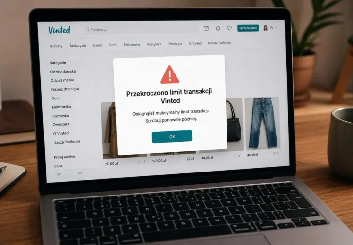 Awaria Vinted: przekroczono limit transakcji. Komunikat na ekranie laptopa informuje o osiągnięciu maksymalnego limitu.