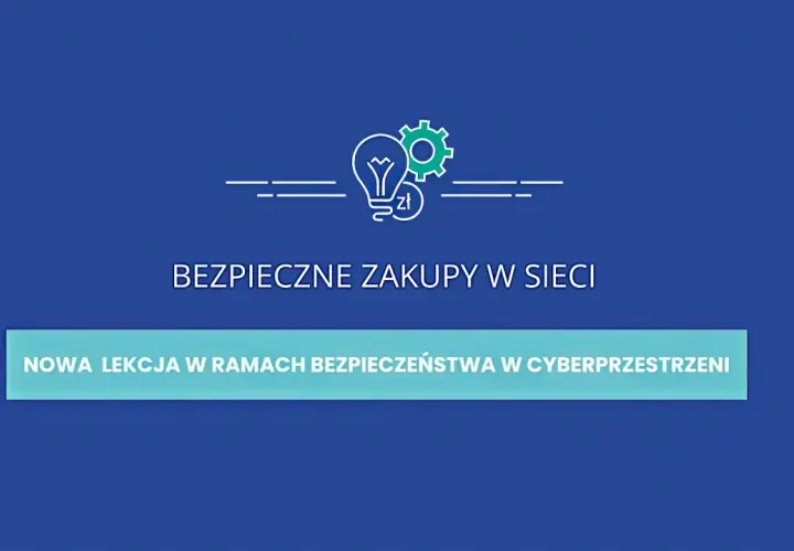 Grafika z hasłem "Bezpieczne zakupy w sieci". Dowiedz się, jak kupować na Allegro i w cyberprzestrzeni.