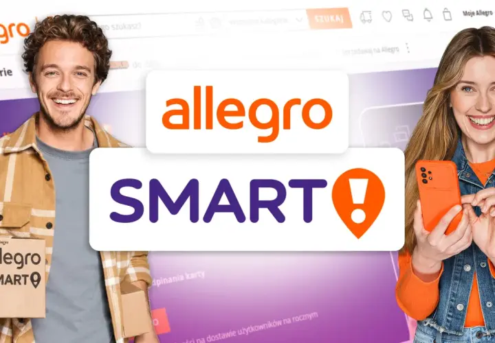 Uśmiechnięci ludzie z paczką i telefonem, logo Allegro Smart. Dowiedz się, allegro smart co to jest i jakie korzyści daje.
