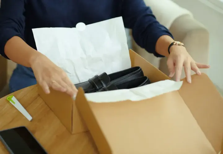 Kobieta przygotowuje zwrot towaru w sklepie stacjonarnym, pakując czarne mokasyny do kartonowego pudełka.