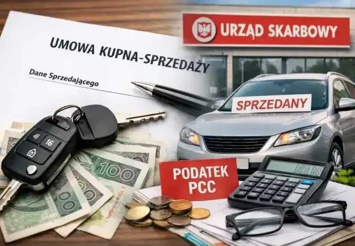 Umowa kupna-sprzedaży auta, kluczyki, pieniądze i kalkulator. Podatek PCC to opłata, którą trzeba uiścić w Urzędzie Skarbowym.