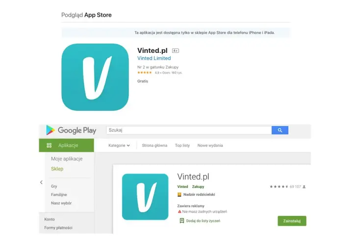 Szukam aplikacji Vinted, bo kupiłem podróbkę na Vinted. Widzę oficjalną aplikację w Google Play i App Store.