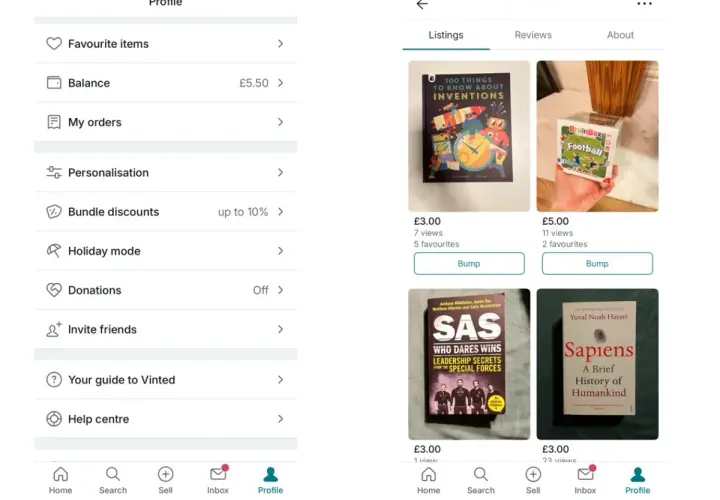 Profil Vinted z listą ofert i opcjami, jak "Ulubione", "Moje zamówienia" i "Centrum pomocy". Zgodnie z **vinted regulamin**, użytkownicy mogą przeglądać przedmioty.
