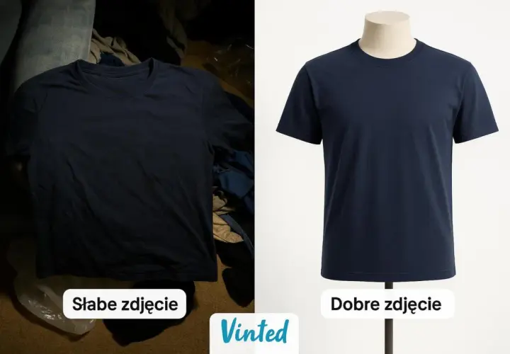 Porównanie zdjęć koszulki: słabe zdjęcie w tle, dobre zdjęcie na manekinie. Algorytm Vinted doceni lepszą prezentację.