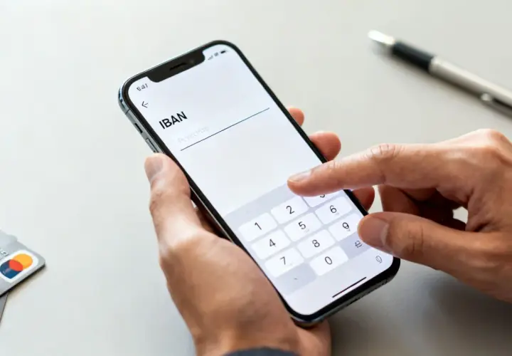 Dłoń wpisuje numer IBAN na ekranie telefonu. Może to być związane z problemem z płatnością na Vinted, gdy iban vinted nie działa.