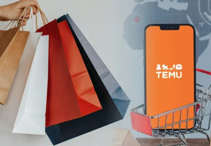 Ręka trzyma torby na zakupy, obok smartfon z aplikacją TEMU w wózku. Jak zrobic zwrot na temu? Łatwo!
