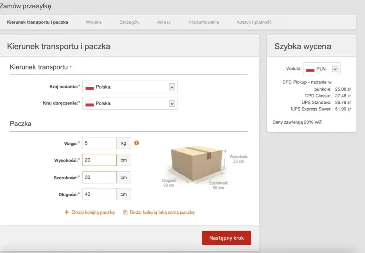 Formularz zamówienia przesyłki z opcją wysyłka za pobraniem poczta polska. Wpisz wymiary paczki i wybierz kraj nadania/doręczenia.