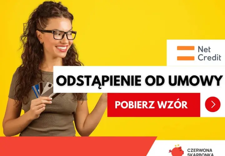 Uśmiechnięta kobieta z kartami, tekst "Odstąpienie od umowy Netcredit". Pobierz wzór.