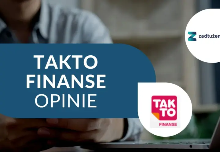 Opinie o takto finanse. Logo "Tak To Finanse" i "Zadłużenia.com" na tle osoby pracującej przy laptopie.